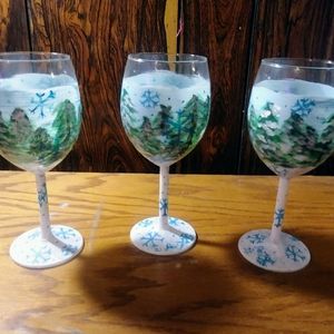 Hand Painted Stemmed Wine Glasses Set Of 3 Christmas Winter Wonderland.